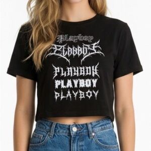 PLAYBOY Black Crop Tee with White Stacked Logos